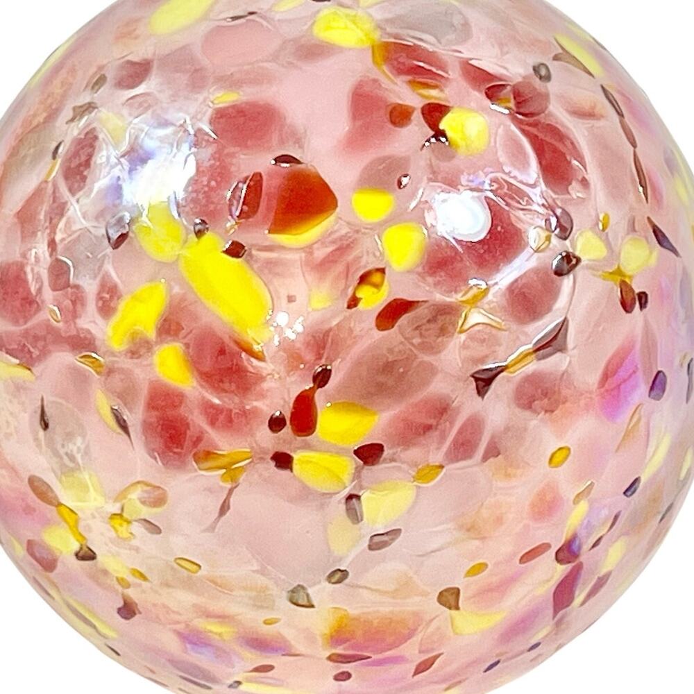 Hand Blown Art Glass Christmas Ball Ornament Pink Yellow Confetti 3" Suncatcher - Picture 4 of 5